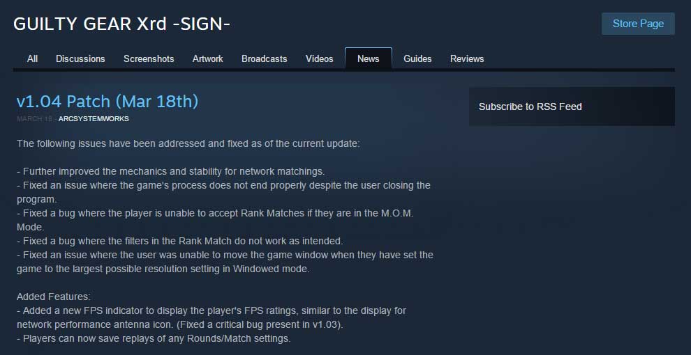 Guilty Gear Xrd ~Sign~ Steam V1.04 Patch Notes